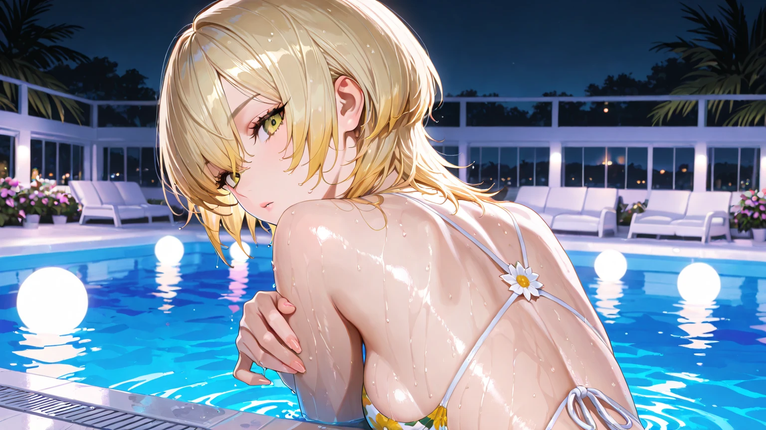(8K、Raw photography、top-quality、masterpiece:1.2)、(realisitic、Photorealsitic:1.37)、sankta。louis\(luxurious wheels\)\(azur lane\),1girl in,(K-pop idols),(Griariss of Love:1),hair adornments,portlate,(Reflective and shining micro bikini:1.1),a necklace,Pink glowing lipstick、Blue glowing nails,cute little,Cityscape、natta、turning off lights、wet、Black light illumination、Photon mapping、physically-based renderingt、Night Pool、Water light reflects off the body、Ride the float、(mano、bras、Navel piercing、a necklace、耳Nipple Ring、Gold accessories for the entire ankle), Gold ornaments、Lots of piercings、gals、make - up、