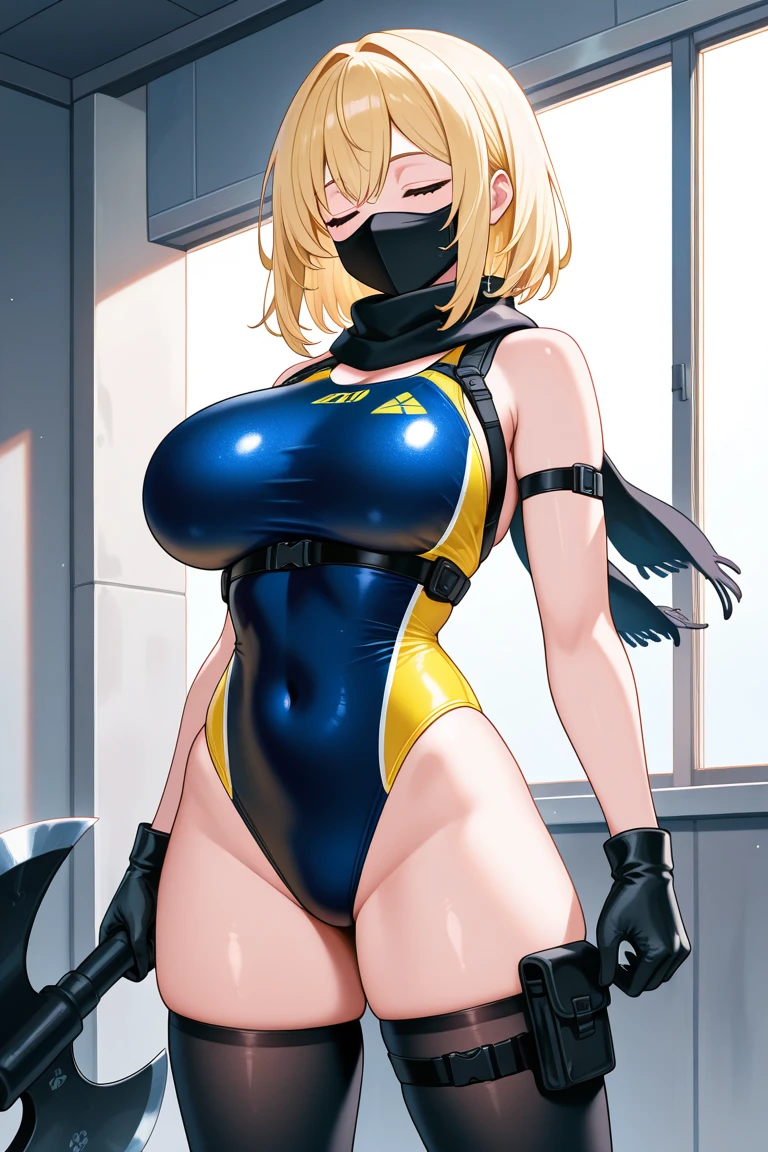 1girl, blonde hair, pixie cut, very short hair, blue eyes, mouth mask, mask, large breasts, thick thigs, kunoichi, ninja, knife, pantyhose