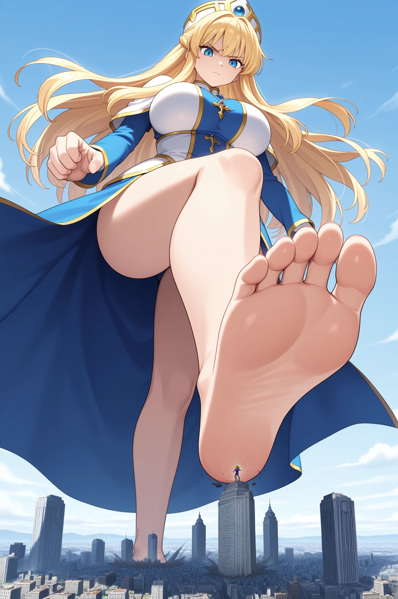 (tiny adventurers in mountains and hills in front of closeup breasts and face of a giantess: 1.5), closeup breasts and face, (from below view: 1.2), (big sized breasts) cleavage, (lumine, bangs, blonde hair, hair ornament, hair between eyes, yellow eyes, flower, hair flower, feather hair ornament,: 1.1), (medieval fantasy: 1.1), nipples, (fantasy outside: 1.1), (very low angle perspective: 1.2), (foot), barefoot, sitting, (tiny army from sky view: 1.1), (tiny army from sky view in front of closeup foot of a giantess: 1.1), (closeup long big foot: 1.4), (anorexic and skinny and tall: 1.2), (stepping on, foot step : 1.1)