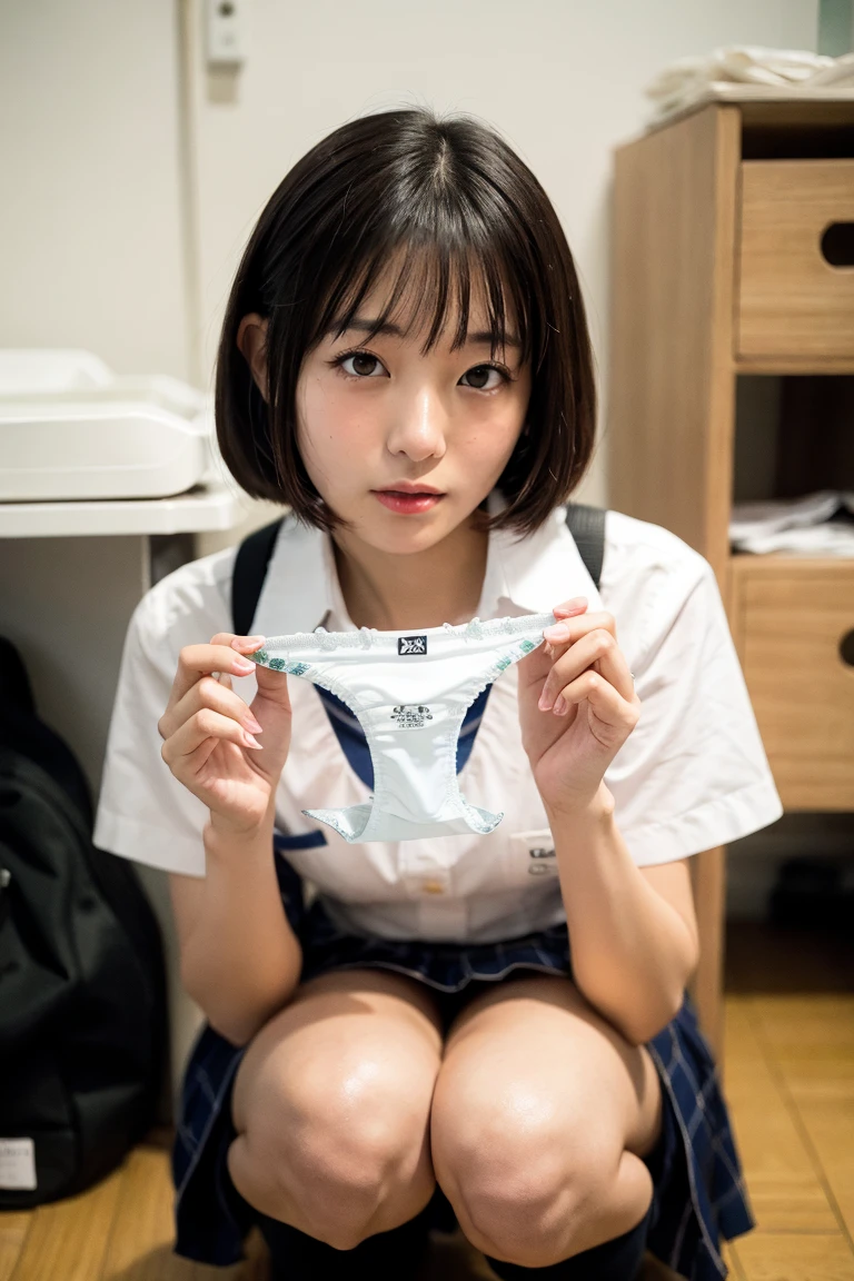 One 11-year-old girl,
Laundry room,washing machine, Laundry basket, a few underwears are in a Laundry basket,((To pee:1.8))
Black Hair, {{{Half Twin Tail:1.3}}}、Glasses、break,blush, bow, 赤いbow, Ｔshirt,mini skirt, Pleated skirt,, Small breasts,
{{{Face close-up}}},Upper Body,,Pay attention to the panties,Quality underwear,
Looking down,View your viewers,
Panties as a gift,
Tabletop, Highest quality, , Absurd, Perfect Skin, Detailed skin texture, Ultra-detailed, 8K, Intricate details, Beautifully detailed face,High resolution,
 {{{Shadowed face}}}, mock, {{{Grit your teeth:1.2}}}, Angry face, 視聴者をLooking down, masterpiece,Absurd, Beautiful detailed face when viewed from the front,