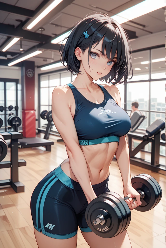 gym, workout, hot, sweating, sweaty, tan, big , tan skin, flustered, blush, black clothes, see thru, yoga pants, man standing behind girl, man behind touching thighs , grabbing , boob grab touching her thighs grabbing her thighs tight cloths but slim body huge lots of side boob and a erect boner thru her legs