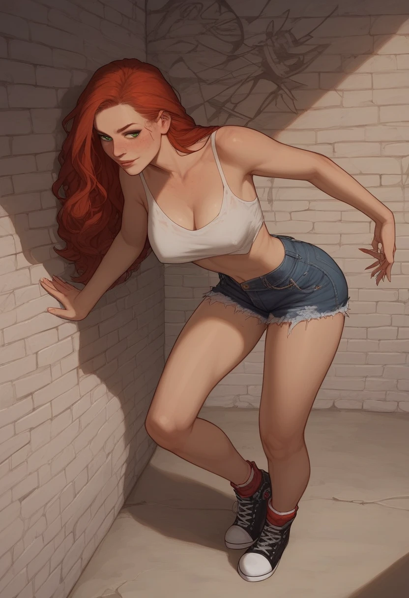 girl with long red hair, very sexy, punk look, sitting on some stairs in the street, miniskirt, open legs, erotism, sexy, tank top, side breasts, open legs we see her panties, abandoned neighborhood full of graffiti, Bill Sienkiewicz inspired art
