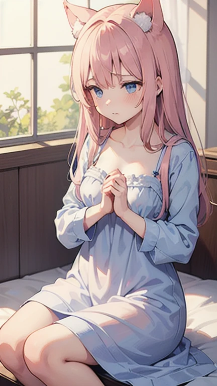 1girl, solo, <lora:BArtstyleREv3-CF3-Lion:0.9>, (blue theme, blue light), 1girl, solo, pink hair, long hair, large breasts, green eyes, on back, cleavage, see-through shirt, pajamas, looking at viewer, window shade, indoors, bedroom <lora:HanakoSwimsuit2:0.8> hanakoba, halo