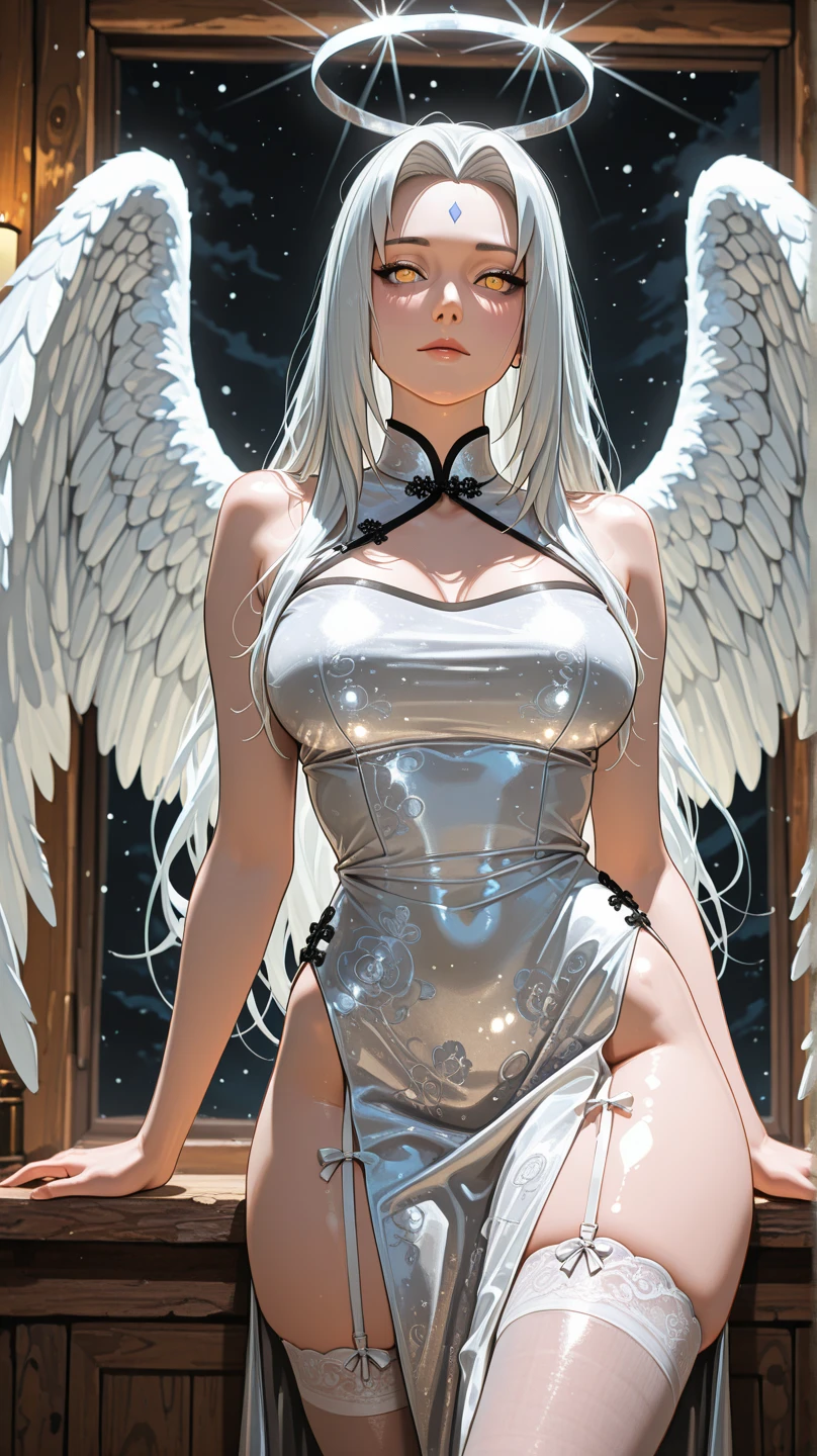 ((tall, beautiful, gorgeous, magnificent, celestial female archagel)) ((pale skin)) ((light blue eyes)), ((dark eyeshadows make up)) ((red lips)) ((long straight platinum blonde hair)) ((big breast:1.8)) ((skinny body:1.3)) ((wear sexy long white tunic with gold ornamentt)) ((white stocking with ornaments)) ((halo of light above head, big and magnificent angel wings, angel wings)) ((celestial light around her, particles of light floating around)) ((watching the world, floating high in the dark sky)) ((high definition:1.5)) ((masterpiece:1.5))((8k:1.5)) ((Best quality:1.4)), more_details:-1, more_details:0, more_details:0.5, more_details:1, more_details:1.5,