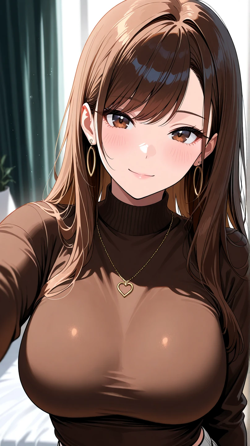 Asian young girl, straight hair, hair to chest, brown hair, brown eyes, masterpiece, best quality, high, attractive, masterpiece, wearing hot sweater dress, tanned, model, beautiful, beige bedroom backfround, cheek smile marks, tilting head, Taiwanese, photo from back, showing bubble butt, moody lighting, cute smile lines, glossy lips,((thick attractive lips)), dark room, dark tan skin, ready to go to ,  dress, earrings, young girl, cleavage, (slim body)