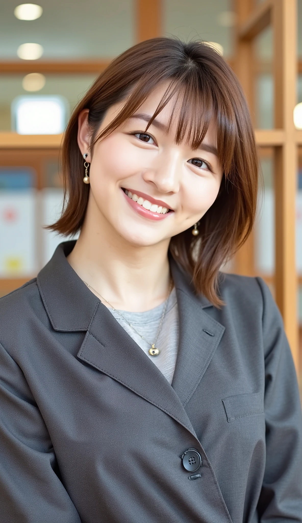 Neat Young Woman、and look at the camera、office lady suit、jacket、shirt、ネックレス、、ear piercing、、smile showing teeth、背景はオフィス