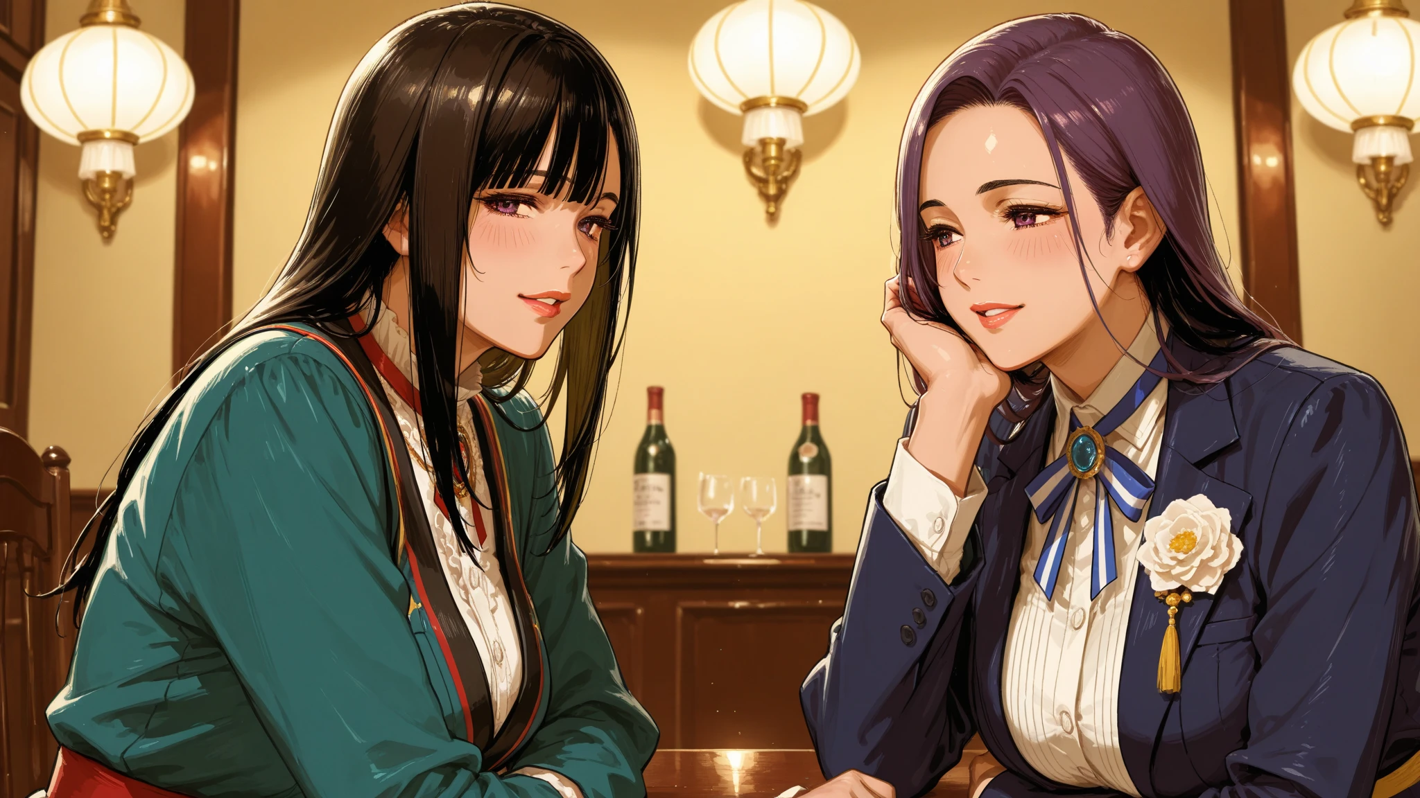 Illustration of a female customer and a female waitress sitting at a restaurant/bar in Spain, facing each other and happily conversing.