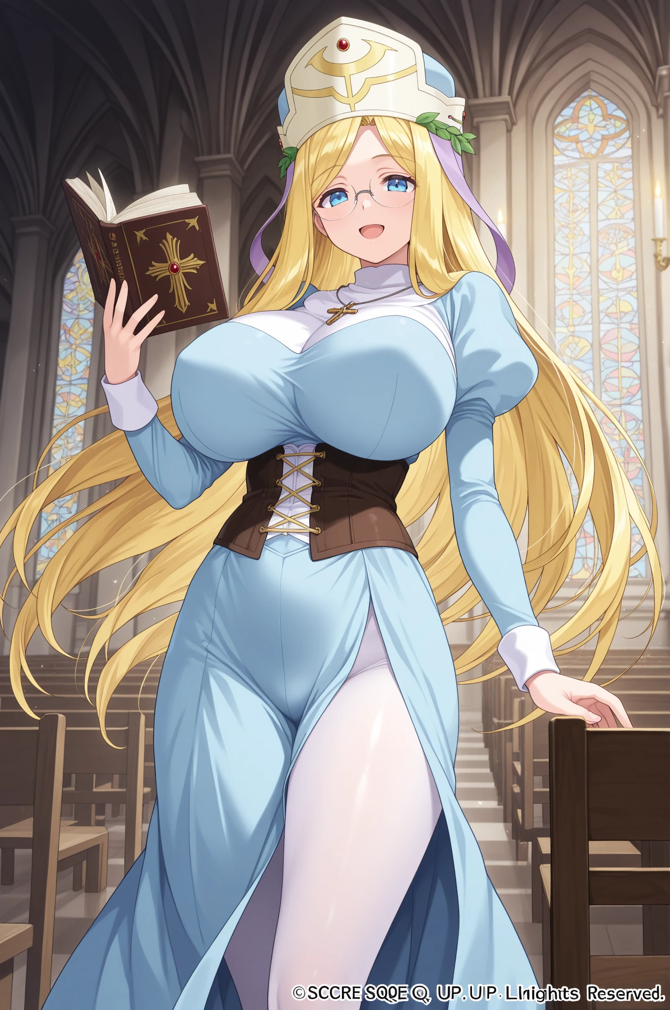 debris flies, highest quality, Highly detailed CG Unity 8K wallpaper, ???? witch , long dark blonde wavy hair、off shoulder knit, dark blue pleated skirt, stockings、??????????????, saggy ???????, Pose that emphasizes the ?????, blush, shy smile, ???? shoulders, (pink lace panties、pink good、open your ?????????）、、nice magic book、Cathedral of the Church、Put your hand on the pillar and turn around、stick out your ????、I can see all your butts、