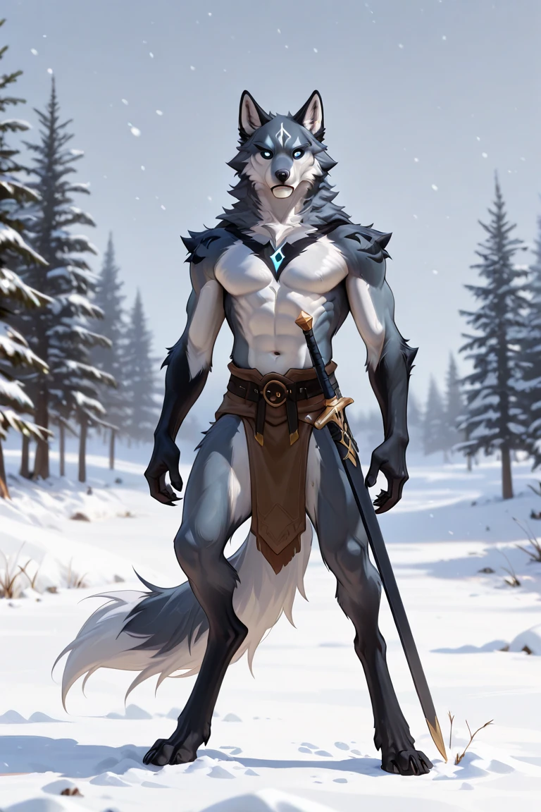 ((Solo)), male people, anthro wolf, (Multi-colored fur, White-brown:1.3，White tail pointed), (Height 2.1m,Tail length 1.5m), ((Wolf face, Big eyes, White eyelids, Blue pupil, Slim:1.2) (Tough, Calm expression:1.2)), Abs, Slim, pinging)), (Correct ),  all over the body,A long big tail，Feet，(Realistic fur, Detailed fur texture, labeled:1.3)), (Natural lighting), Photorealistic, Hyperrealistic, ultradetailed, by Kenket，Snowfield，No artifacts, Running on