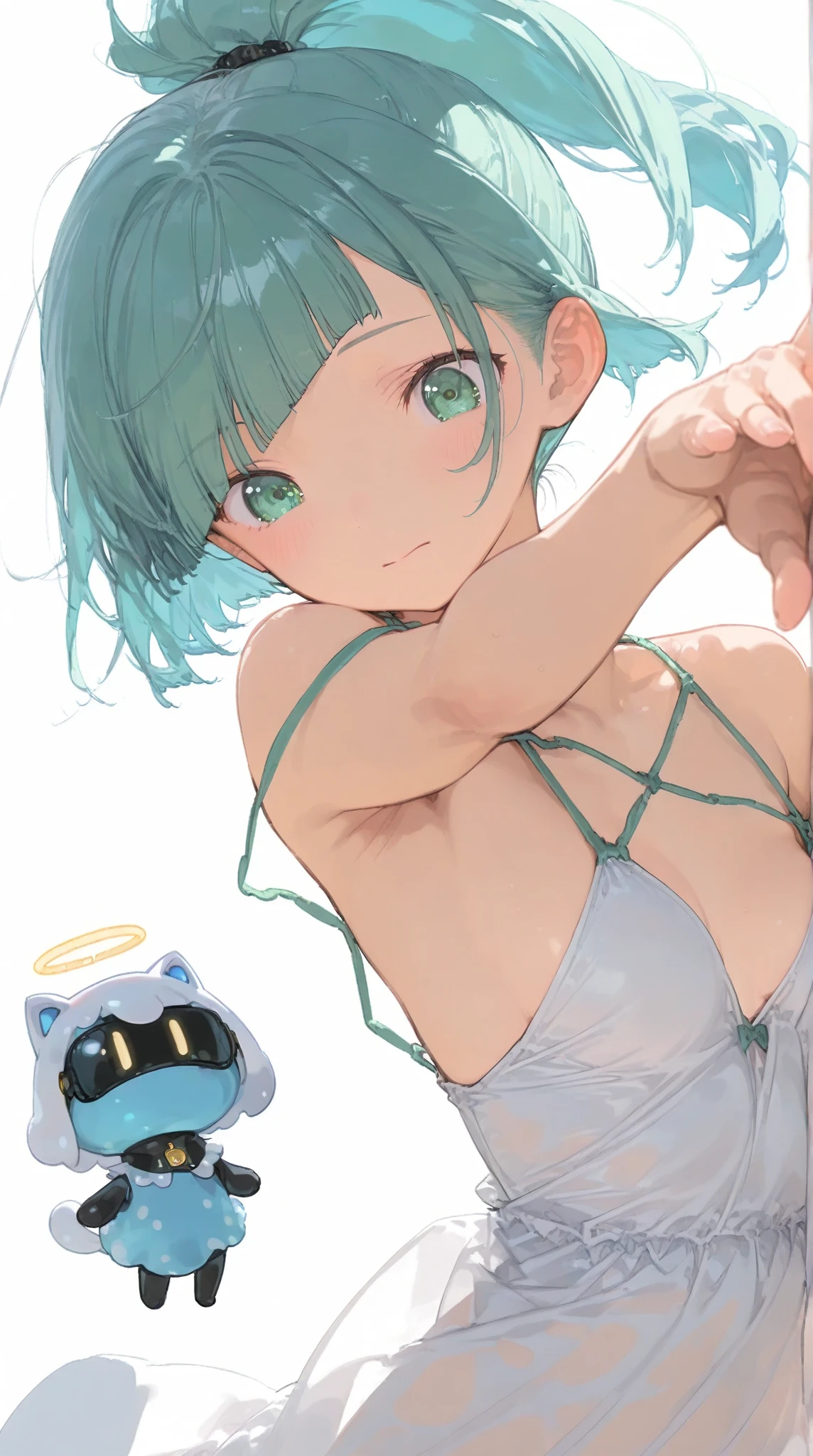 <lora:Rem Illu:1>1girl, solo, 
r3m, 1girl, large breasts, blue hair, lum, blue eyes, tiger print, cosplay, x hair ornament, navel, animal print, cleavage, fake horns, short hair, looking at viewer, hair over one eye, yellow footwear, open mouth, w, smile, swimsuit, stomach, arms up, from above, full body, collarbone, bare arms, bare shoulders, :d, strapless bikini, standing, knee boots, oni, yellow bra, print bikini, yellow bikini, index finger raised, thighs, blush, armpits, shiny skin, foreshortening, legs apart, alternate costume, looking up, groin,
outdoors, grass, jungle, 
 <lora:cfg_scale_boost:0.7>, masterpiece, best quality