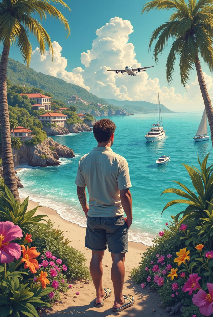 illustration that evoke stoicism men from 25 years old, shirtless, barefoot, strong, slim body Importance of Reason Style: Scientific realism, with a focus on detail and precision. Color palette: Cool, neutral tones (navy blue, gray, white) to convey clarity and objectivity. Expression: A concentrated and determined gaze, brow slightly furrowed in thought. Setting: A multicolor garden with a young strong handsomen man sitting on the top of big ben in london taking a selfie in the background you can see westmisnter palace, tamesis river, tower of london