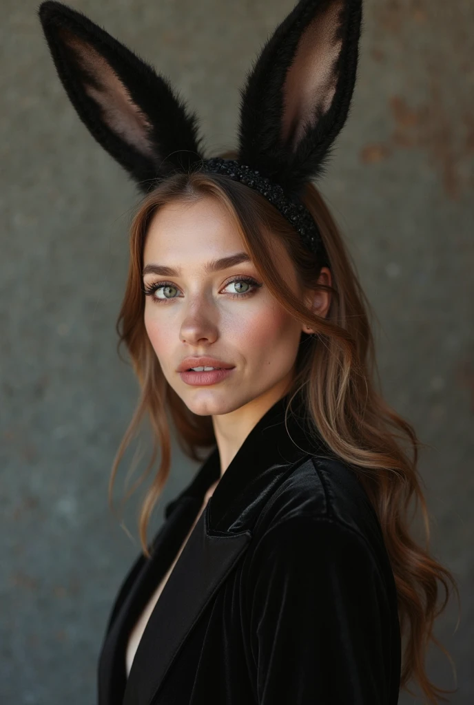 This image depicts a young woman with dark, shoulder-length hair, styled with blunt bangs that frame her face. She is wearing a pair of black bunny ears, adding a playful, seductive element to her appearance. The woman's makeup is expertly applied, with bold, dark brows, smoky eye makeup, and glossy, full lips painted in a deep red hue.
The woman's gaze is direct and captivating, her expression conveying a sense of confidence and allure. Her pose is accentuated by the fitted, strapless black top she is wearing, which draws attention to her curvaceous figure and décolletage. The crisp, white background allows the woman's striking features and styling to take center stage.
Overall, the image exudes a captivating, sultry atmosphere, with the woman's appearance and pose suggesting a blend of innocence and sensuality. The combination of her confident, seductive expression and the playful bunny ear accessory creates a visually intriguing and enticing narrative.