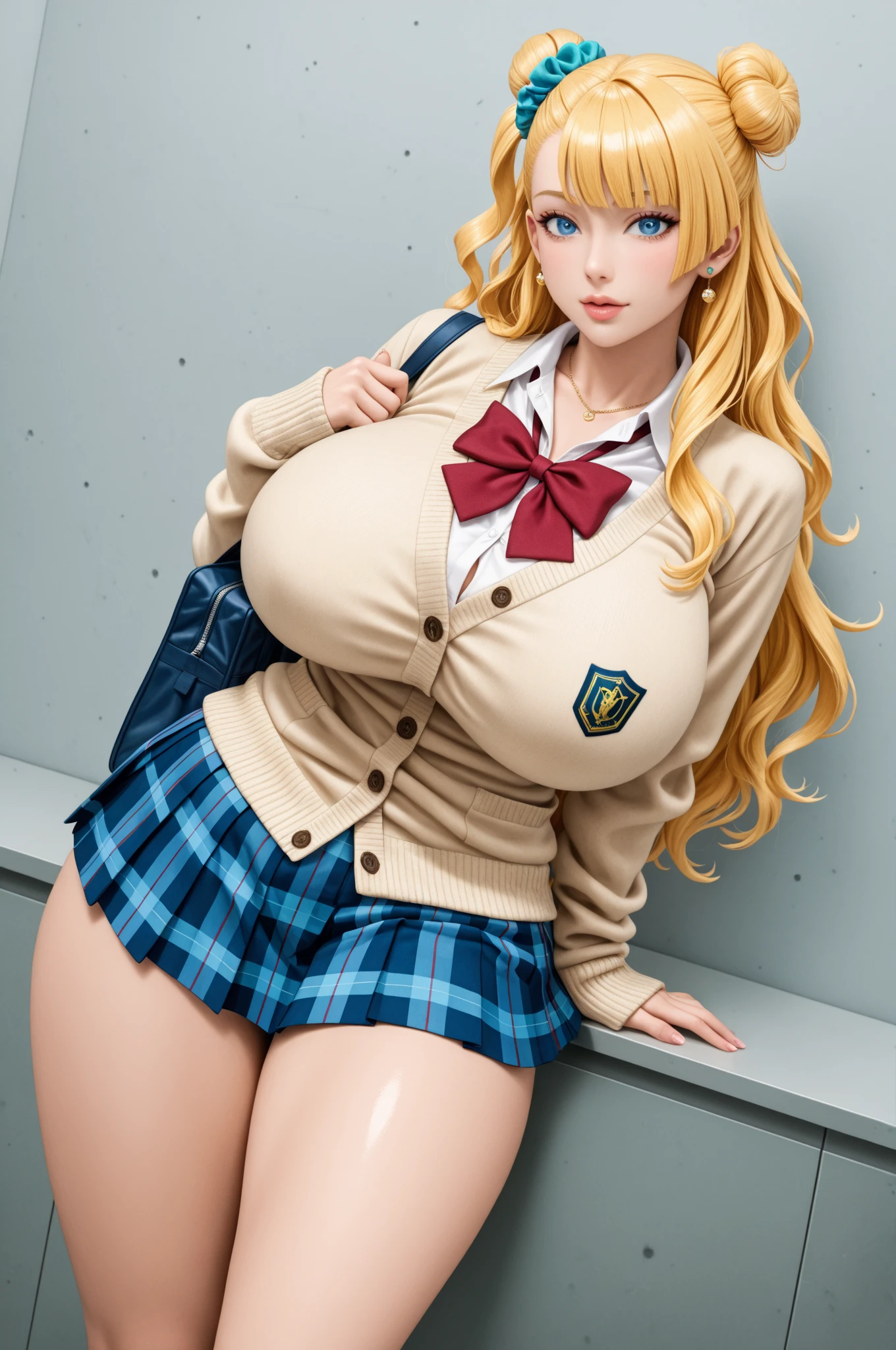 masterpiece, best quality,,gigantic breasts,smile,school classroom, sitting,on desk,plaid skirt,galkoschool