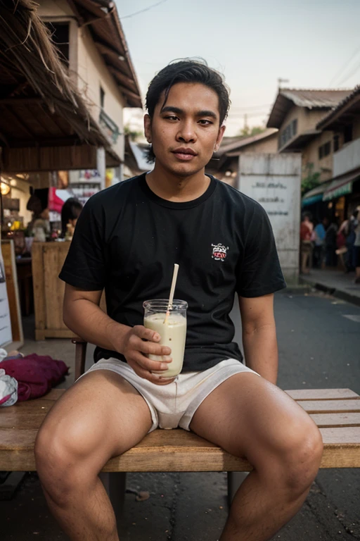 An Indonesian man, short hair, naked, wearing sexy white underwear, standing holding a cup of coffee, smile, in the garden, 4k