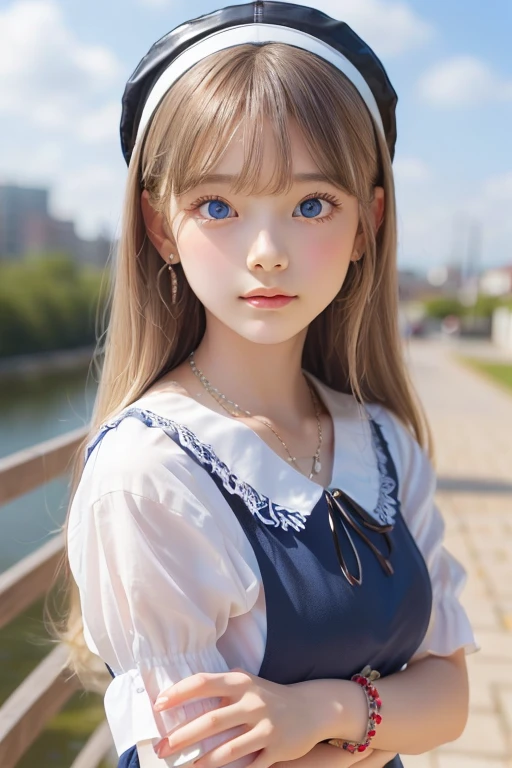((detailed face, cute face)), (She is wearing a long white embroidered skirt, a red blouse with lace, a white apron tied around her waist, blue socks, and brown leather shoes, blue scarf is on her head. Yes, her accessories include necklaces, earrings, and bracelets. 1 Girl)), Ultra High Resolution, (Realistic: 1.4), RAW Photo, Best Quality, (Photorealistic Stick), Focus, Soft Light, ((15 years old)), ((Shiny platinum blonde silk super long straight hair, beautiful shiny bangs, big clear sky blue eyes, very beautiful bright eye highlights )), (( (young face))), (surface), (depth of field), masterpiece, (realistic), woman, bangs, ((1 girl))