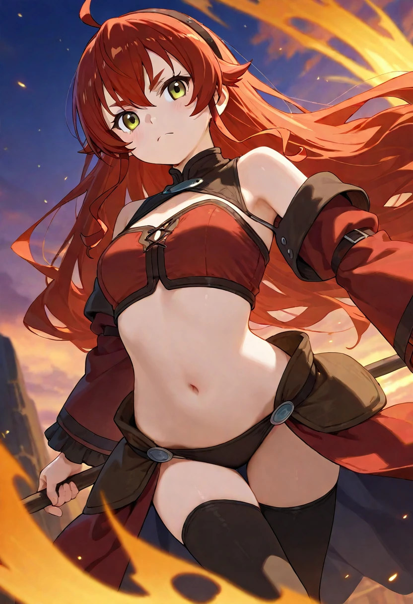 girl in ((red bikini)), red cloak, red boots, red hood, long hair, red skirt, desert, sunset, red hair, loving smile, green eyes, red skies, ((lots of straps)), ((garter)), bellybutton piercing ruby, ((seductive pose)), sitting on bed