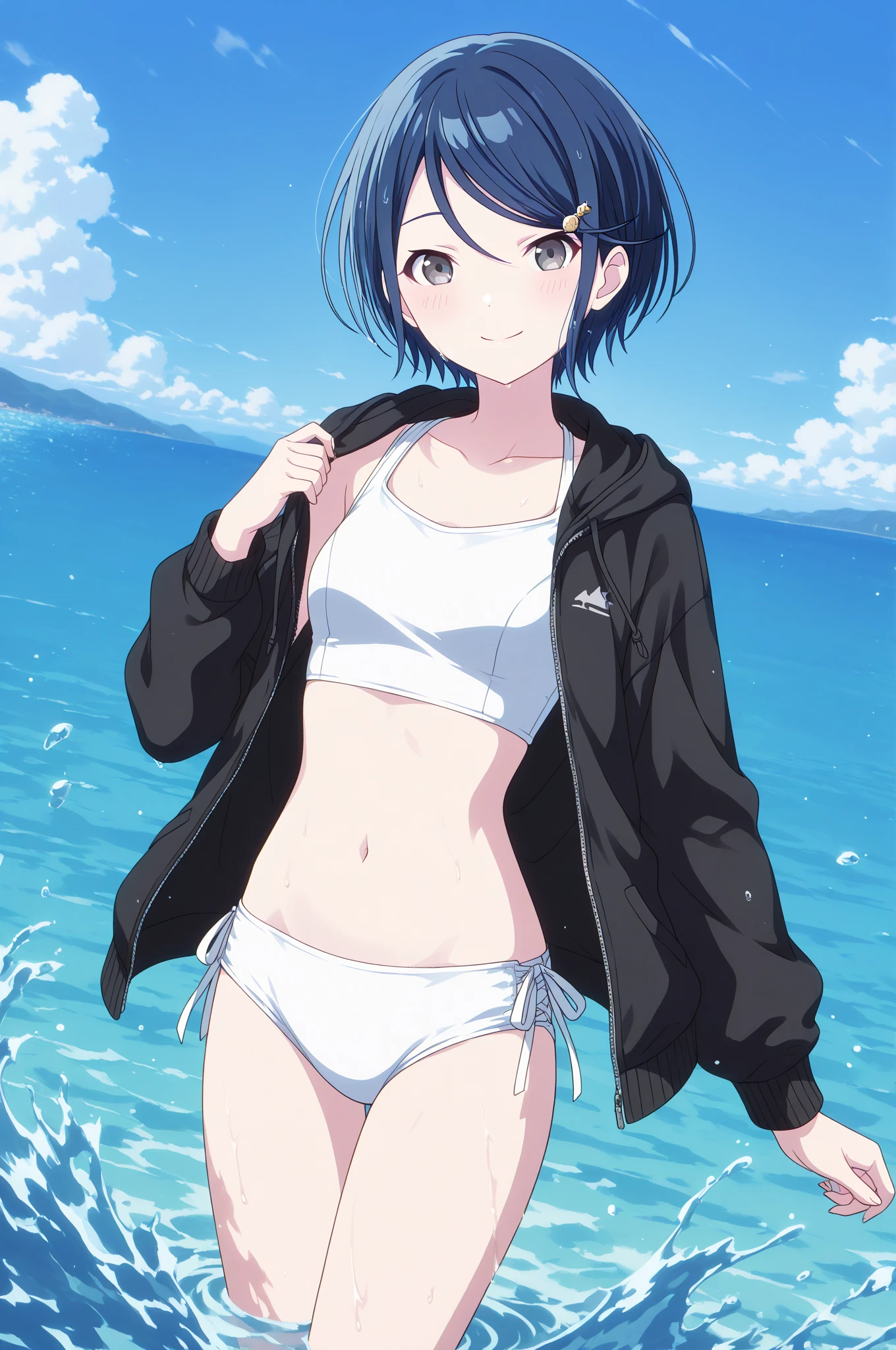 Picture of ichigo, ichigo, ichigo darling in the franxx, swimsuit sweater, bikini sweater, beach, sky, cute, looking at viewer, closed mouth, cute, good quality, best quality, masterpiece, 4k <lora:Ichigo (DITF) LORA v2:1> <lyco:GoodHands-beta2:1.0>