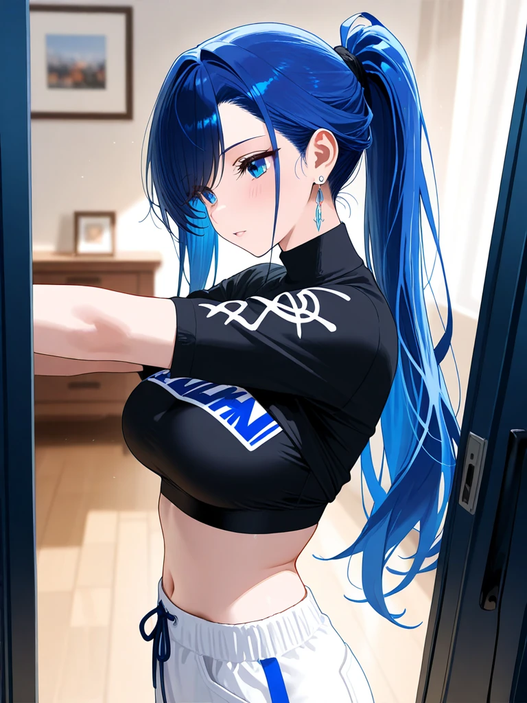 (high quality, ultra-detailed, realistic:1.37), 1 girl, Stand upright, Lift breasts and buttocks, implied masturbation, (( Abdominal muscles are bulging and strong)), ((strong waist)), Firm and round buttocks, Nipple protrusion, Streamlined S figure, mid breasts, (((nose blush))), Chest focus, breasts focus, longcut, Ultra low waist shorts, Dewy and glowing skin, Mini tight sleeveless super short T-shirt, split ponytail, Hemispherical breasts, mid breasts, fellatio gesture, O-shaped mouth, Tongue, ((cowboy shot))