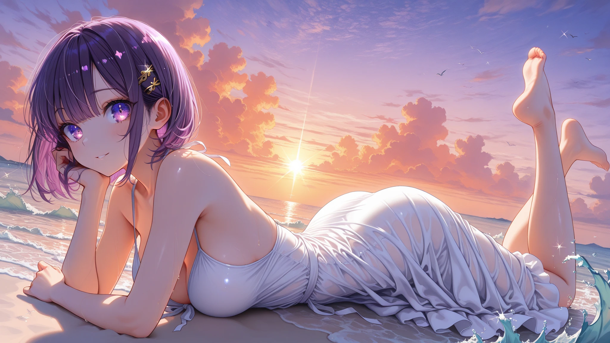 1 mermaigirl, highres, high quality, masterpiece, mxmkWhiteDress, bare shoulder, purple eyes, white dress, braid, chocker, beach, tatto