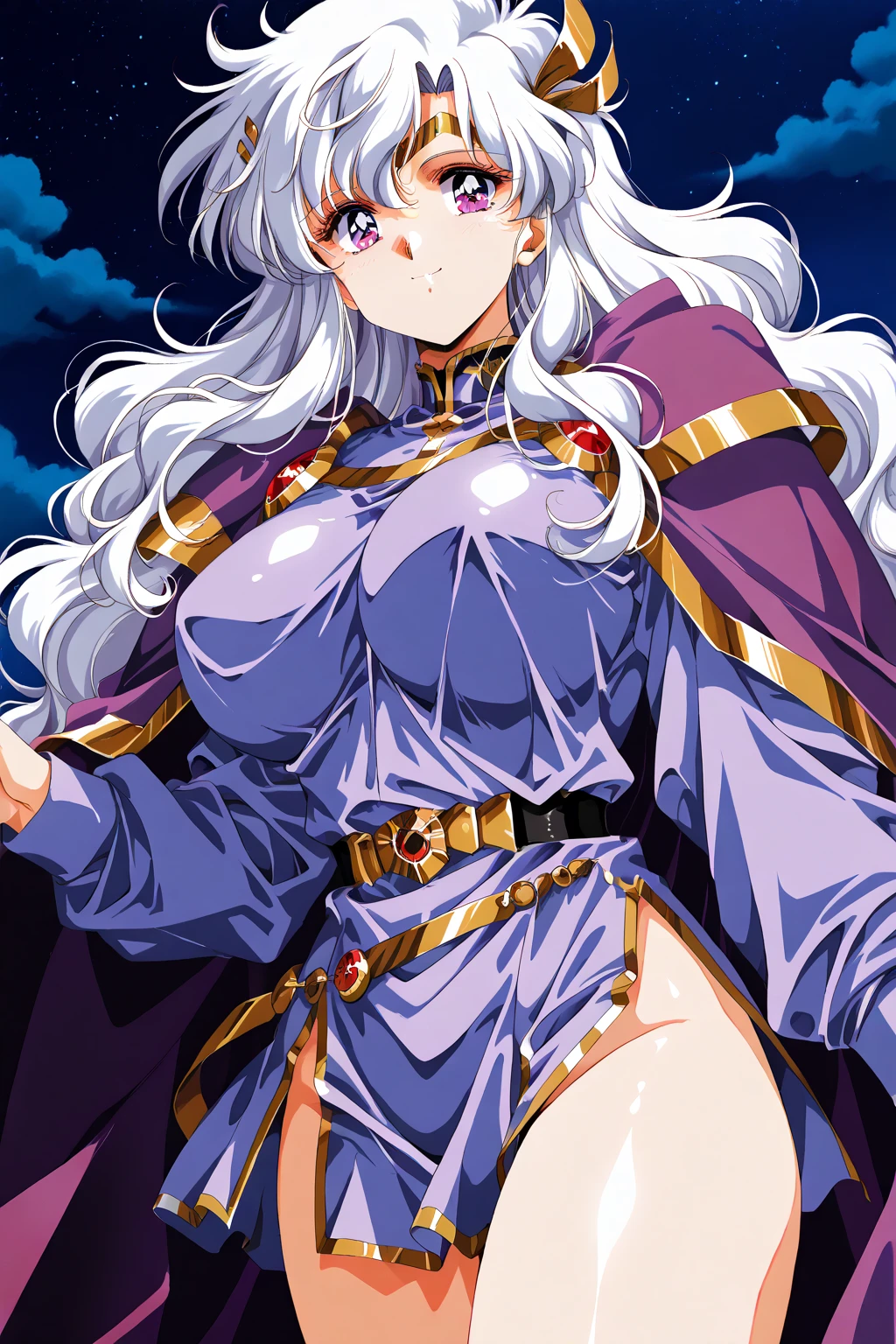 ((masterpiece,best quality, detailed)), (wariza), sitting, 1girl, solor, indoors,
urd \(aa megami-sama\), facial mark, forehead mark, elbow gloves, choker, bracelet, (cape), purple dress, high heels, (retro artstyle)