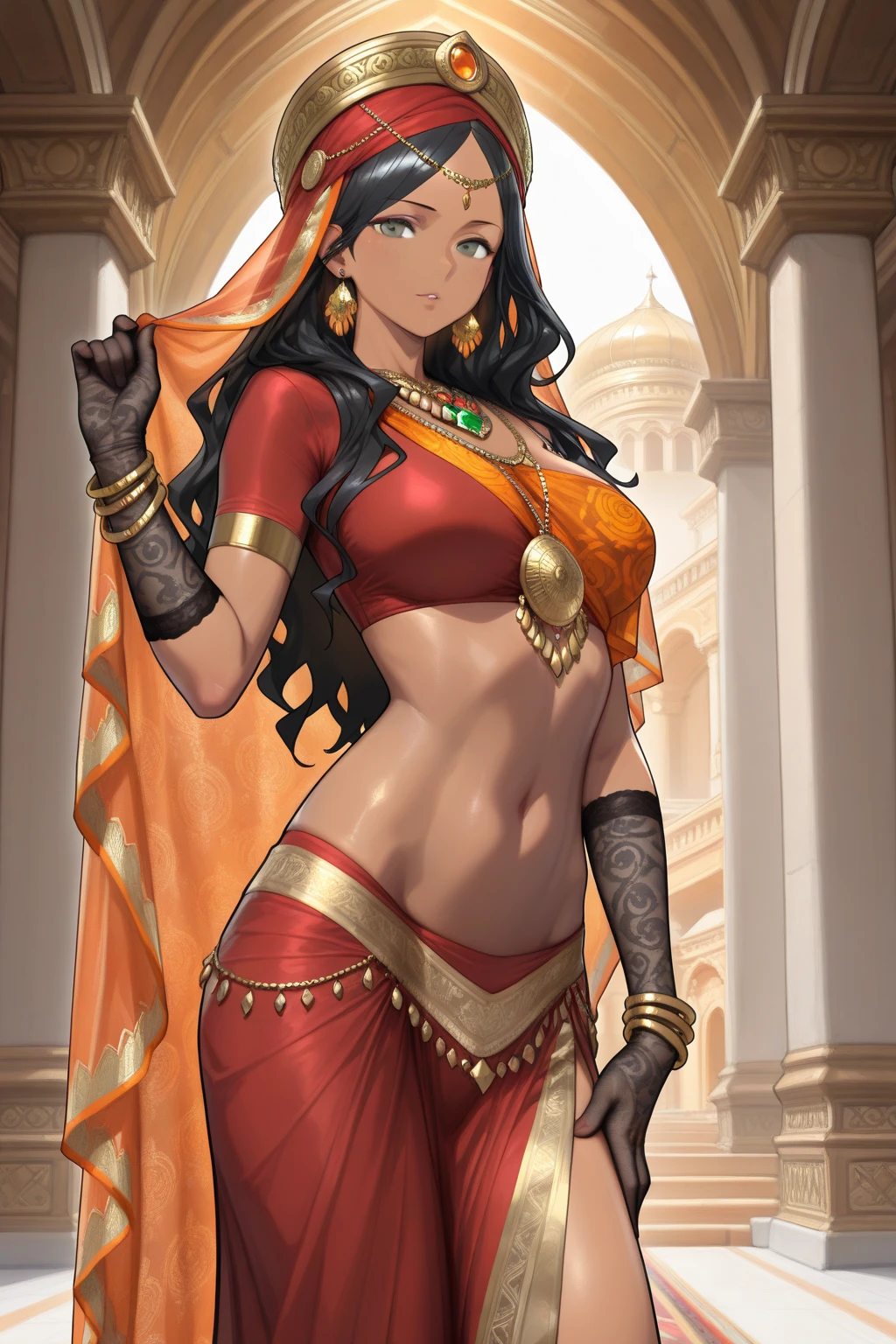 ((Young Desi goddess, short and plump, long natural hair)), looking at viewer nervously aroused, (tight orange skin suit), smokey eyeshadow, small flat chest breasts, dark areolas and nipples, henna on hands and feet, (copious incense burning and candlelit atmosphere), modern Hindu Temple large glass sliding door revealing busy outdoor with tall potted cannabis sativa plants background
