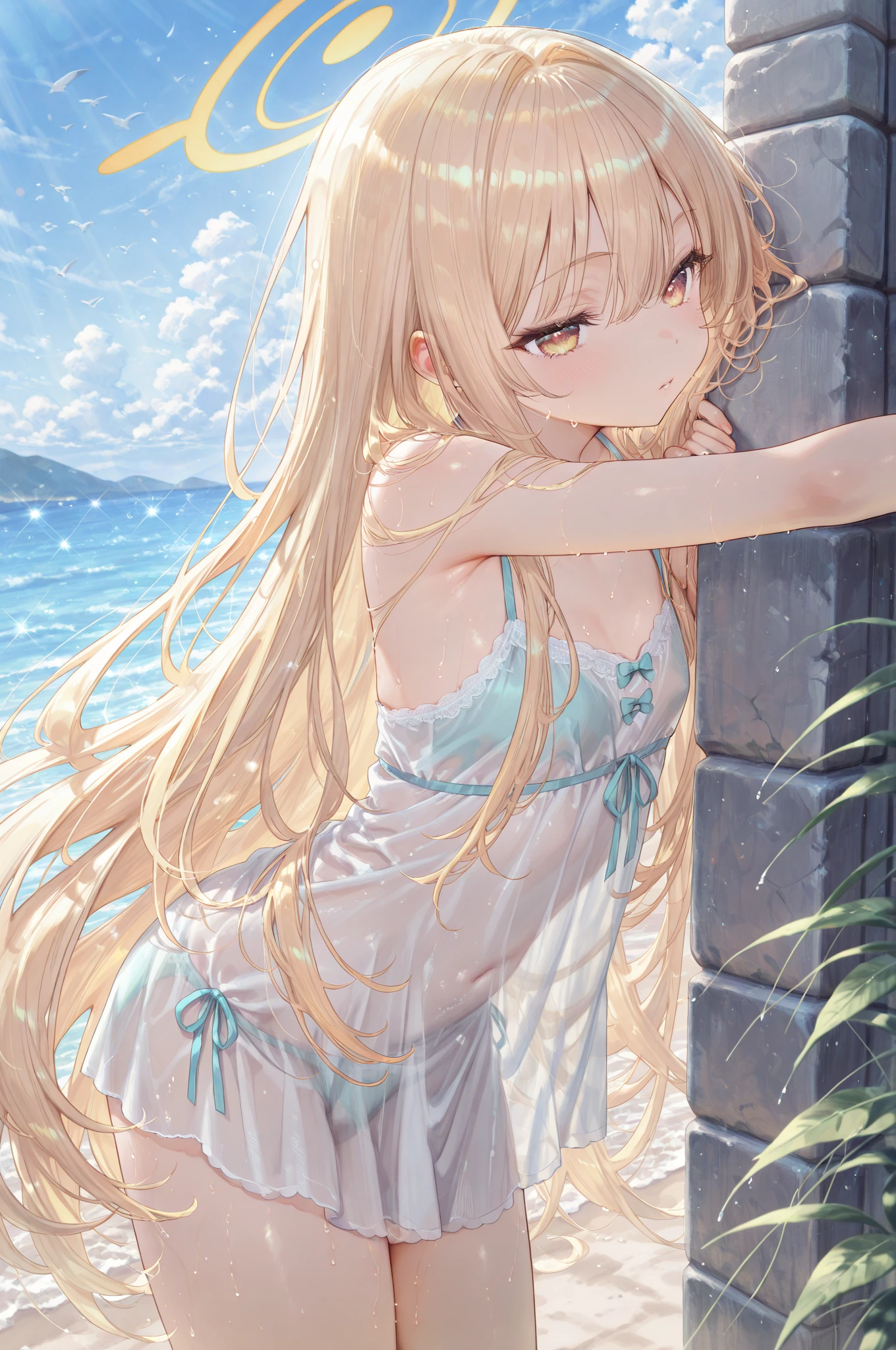 Angelic, One girl, Black and long straight hair, Sharp Hair, Facial Contour, Recall, , At the Beach, Splash, Lens flare, noon, bright, Natural Color, High resolution, Very delicate, Super detailed, 8k