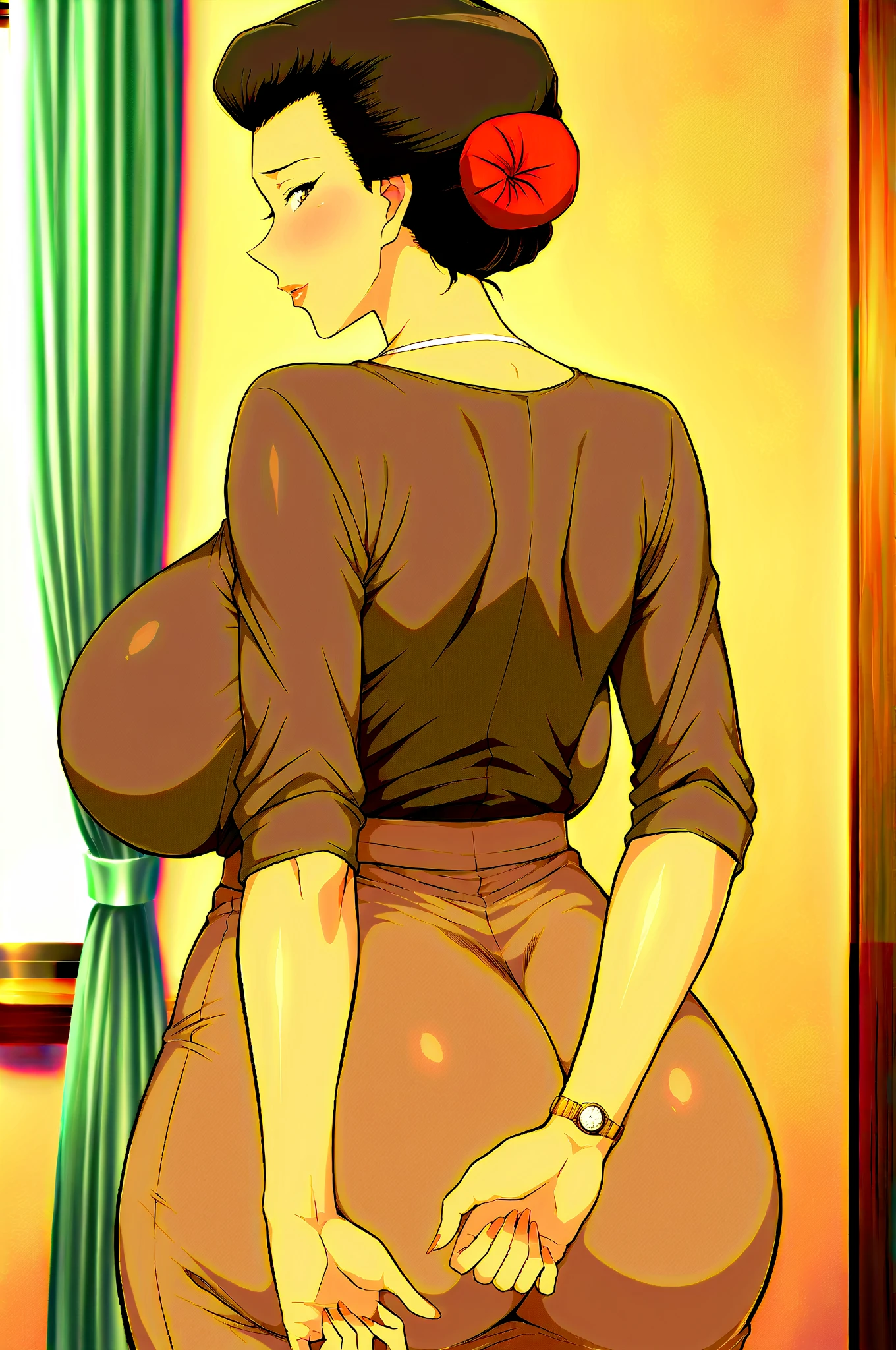 masterpiece, highest quality, High resolution, One girl, alone, sexual intercourse, Pornographic images, short hair, etsukoto, Brown eyes, fine grain, fine grain, (((Thick thighs, Plump thighs, Voluptuous thighs, Thighs alone are enough))), Huge and ample breasts, Cleavage, Huge long breasts, Naughty big,((Big breasts are important))、((Naughty thighs)), L Cup, (thin:1.4),(Tight waist:1.4),  (yellow dress:1.4), ((white waist apron, white panty), Embarrassed look, blush, (((Simple Background))), ((Wide Hips)), Shiny, Oily skin, Mature mother, Calf, Seductive mature woman, Perfect body, Plus Size Model, curvy, ample, etsukoto, blush, clavicle, retro artstyle, 1990s (style), (thick thighs:1.4), (((bursting breast))), bare ass, butt out, ((panty pull, panty drop)), from behind, back view, (from side:0.8), (nsfw),