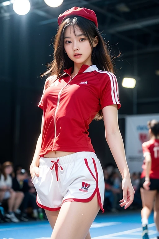 Wearing the red track and field uniform、Nipples sticking out、She's wearing pants that show her pussy、Pussy showing pose、Spread your legs as far as possible、With legs spread、My pussy is wet、Sticking out tongue and drooling、excited nipples、Sweaty body、Yellow juice spurting out of her pussy、Climax causes fluids to leak from nipples、are doing ahegao