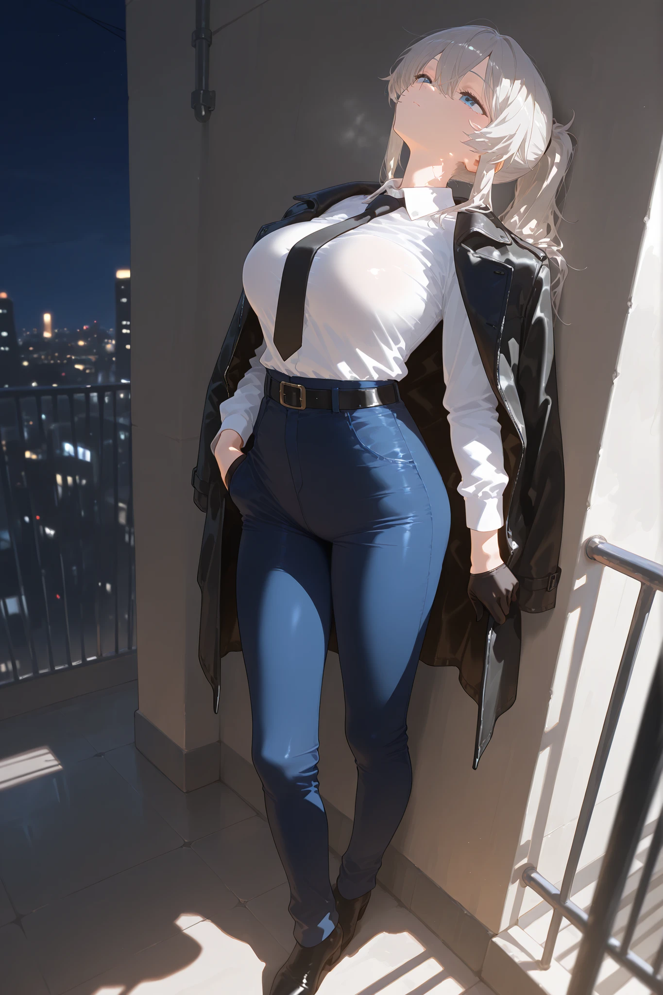 ((super high quality,))((Ultra-high resolution,))(16K,)(super masterpiece,)((Ultra HD ,))(Detailed shading,)Full body photo,One sexy woman,high collared white shirt,Long sleeve,Cleavage,Skinny denim pants,smile,