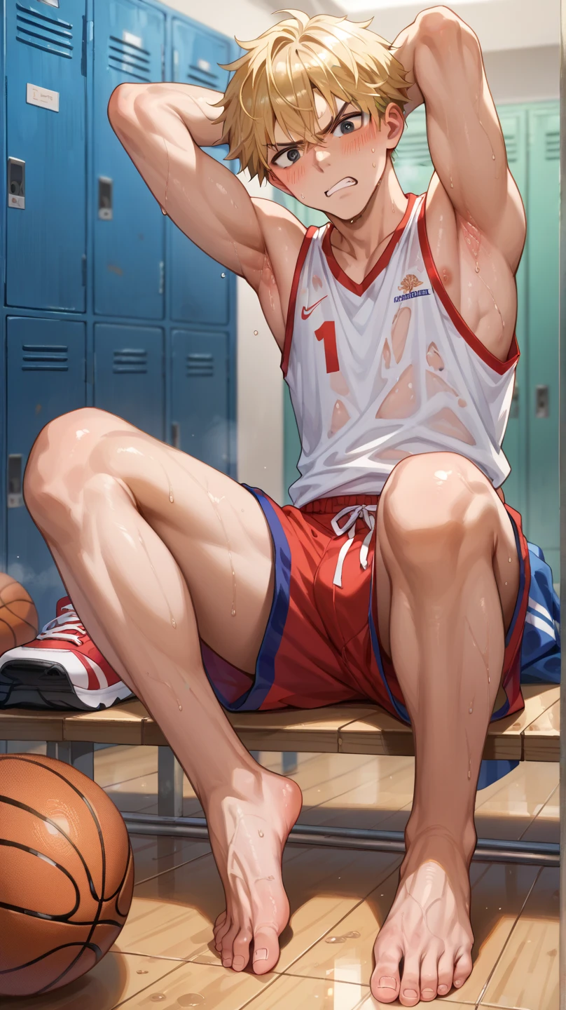 Male, masculine, hirsute, red hair, european, flex, pale skin, sweat, basketball player, holding basketball, full body, barefoot, big feet, white socks, playing basketball, solo, 1 man, jumping,wearing only underwear