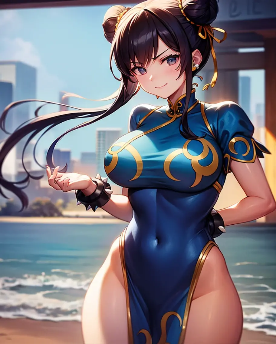 full,solo, low lighting, chun li masterpiece, best quality, agrias, grey sweater, black leotard, standing, looking at viewer, black hair,angry,smile,sunset,lago, reflexo na agua, por do sol
