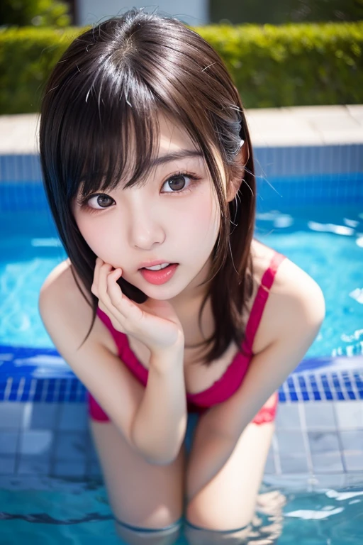 (8K、top-quality、masterpiece:1.2)、(reallistic、Photorealsitic:1.37)、The ultra-detailliert、女の子1人、23years old、Medium chest、Beautie、Beautiful and perfect face、Natural smile、独奏、holiday、shopping、(Redness of the nose)、(A smile:1.15)、(With mouth closed) 、beautidful eyes、(long:1.2)、Floating hair 、Middle hair、、swim wears