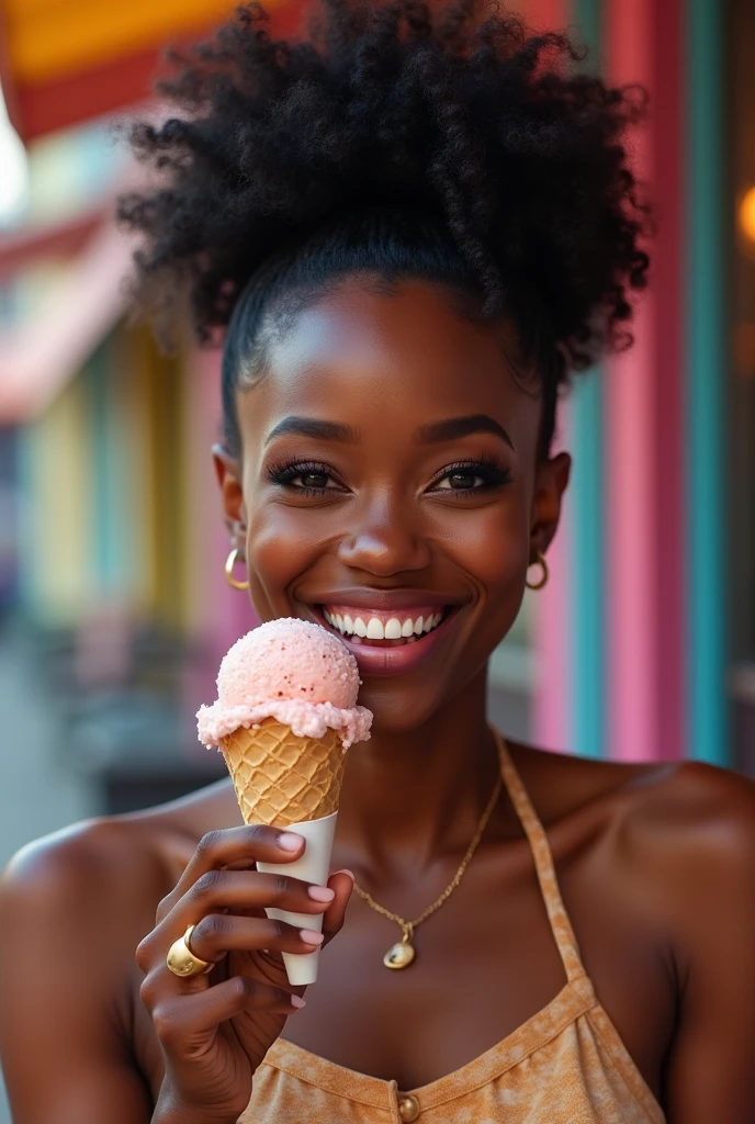 (photorealism:1.2), Beautiful , dark skin color, curly afro hair with modern clothes, with an ice cream cone in her hand on the side