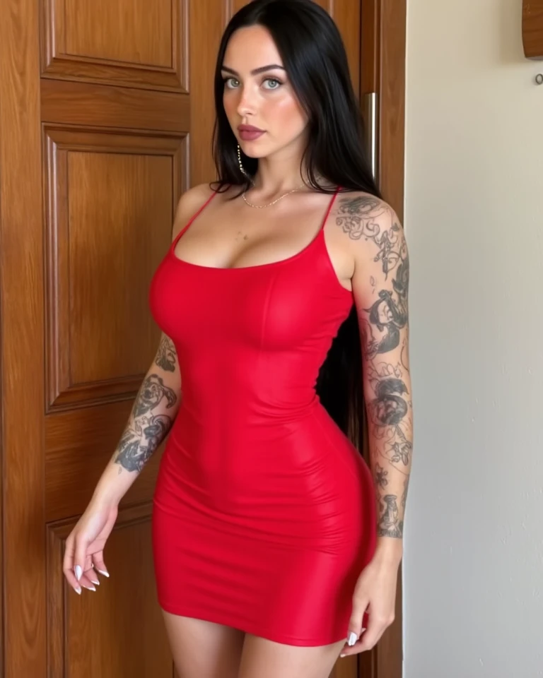generate me the most beautiful original woman in the world with tattoos, jewelry and a tight and sexy red dress all in 8k