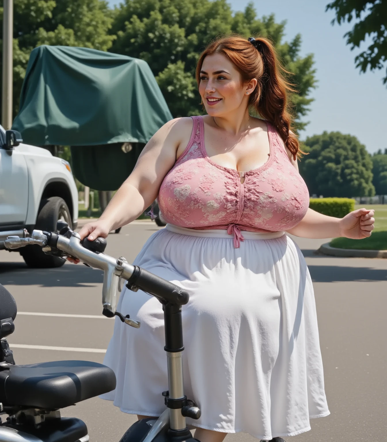 photorealistic, best quality, (hyper detailed: 1.4), (((riding a bike:1.2))), long distance shot, ((plus size body:1.5)), blue eyes, blonde hair, Detailed eyes, ((wearing pink dress:1.5)). beautiful young woman, (Highly detailed face:1.4), smile, exuding a natural glow, soft lightning, day time, road view, jaw-dropping beauty, sexy, seductive, vivid colors