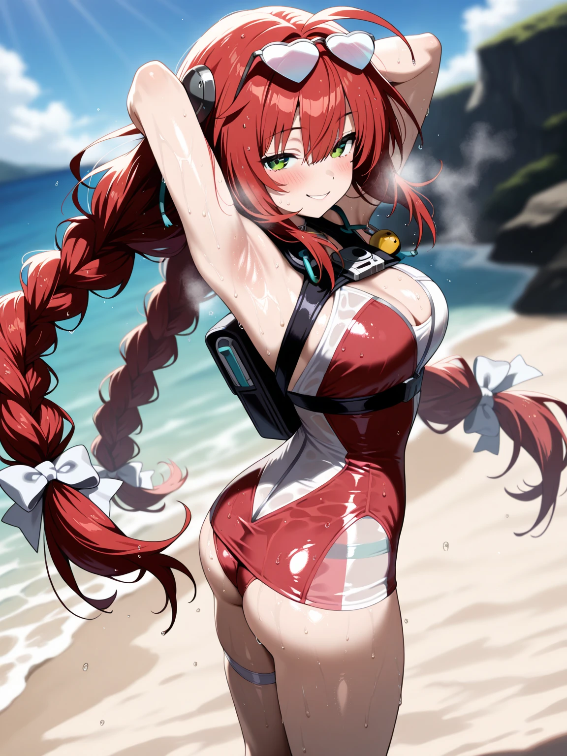 <lora:tailred1:0.8>,masterpiece,bestquality,highlydetailed,ultradetailed,red hair,twintails,1girl,bikini,beach,facing front,sunny,warm.,slender,medium breasts,nipples,slender_waist,navel,seductive_smile,panorama,(full_shot:1.5),looking_at_viewer,eye-contact,