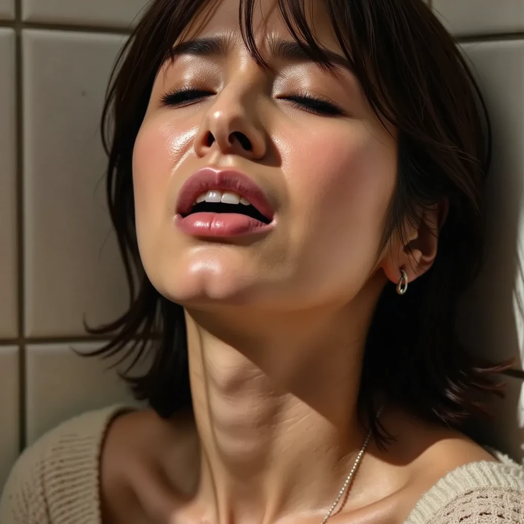 beautiful brown-haired woman , Sit at a restaurant table , light colored sweater over white shirt , (( Screaming )) , close-up with eyes closed , ( 8K ultra HD :0.8), ULTRA DETAILS , RAW amateur photo ,(( face close-up)),((Frowning, I was annoyed., frown, Open Your Mouth Wide ,Panting face)), There ,, neck, And a face that shines when wet with sweat ,Coordinating Your to , Beauty Actress Scandal , leaning back of a chair , Lean Out 、Contempt