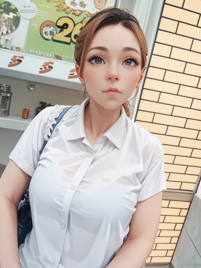 (masterpiece:1.3, Highest quality, Ultra-high resolution, Very detailed), (Realistic:1.1, photoRealistic:1.4), Beautiful illustrations, Perfect lighting, colorful, Written boundary depth, Beautiful detailsまでこだわった髪, Beautifully detailed face, Beautiful details, Beautiful clavicle, Beautiful body, Beautiful breasts, Beautiful thighs, Beautiful legs, Beautiful fingers, View your audience, 1 girl, Japanese, high school girl, Perfect Face, (Perfect Anatomy, Anatomically correct), Cute and symmetrical face, Baby Face, Sunburn, Glowing Skin, (Mid-length hair:1.5, Twin tails:1.2, blonde), Asymmetrical bangs, blue eyes, Long eyelashes, (Mid-chest), thin, ((Collared short-sleeved shirt, Light blue shirt, , Grey plaid pleated skirt, To the Navy)), No pants, (Beautiful views), evening, (Outdoor, distant cityscape), Are standing, (peace sign), (Cute Smile, 鬠红、Upward glance, Open your mouth), (Perverted old man opens up girl&#39;Cat:1.3), 