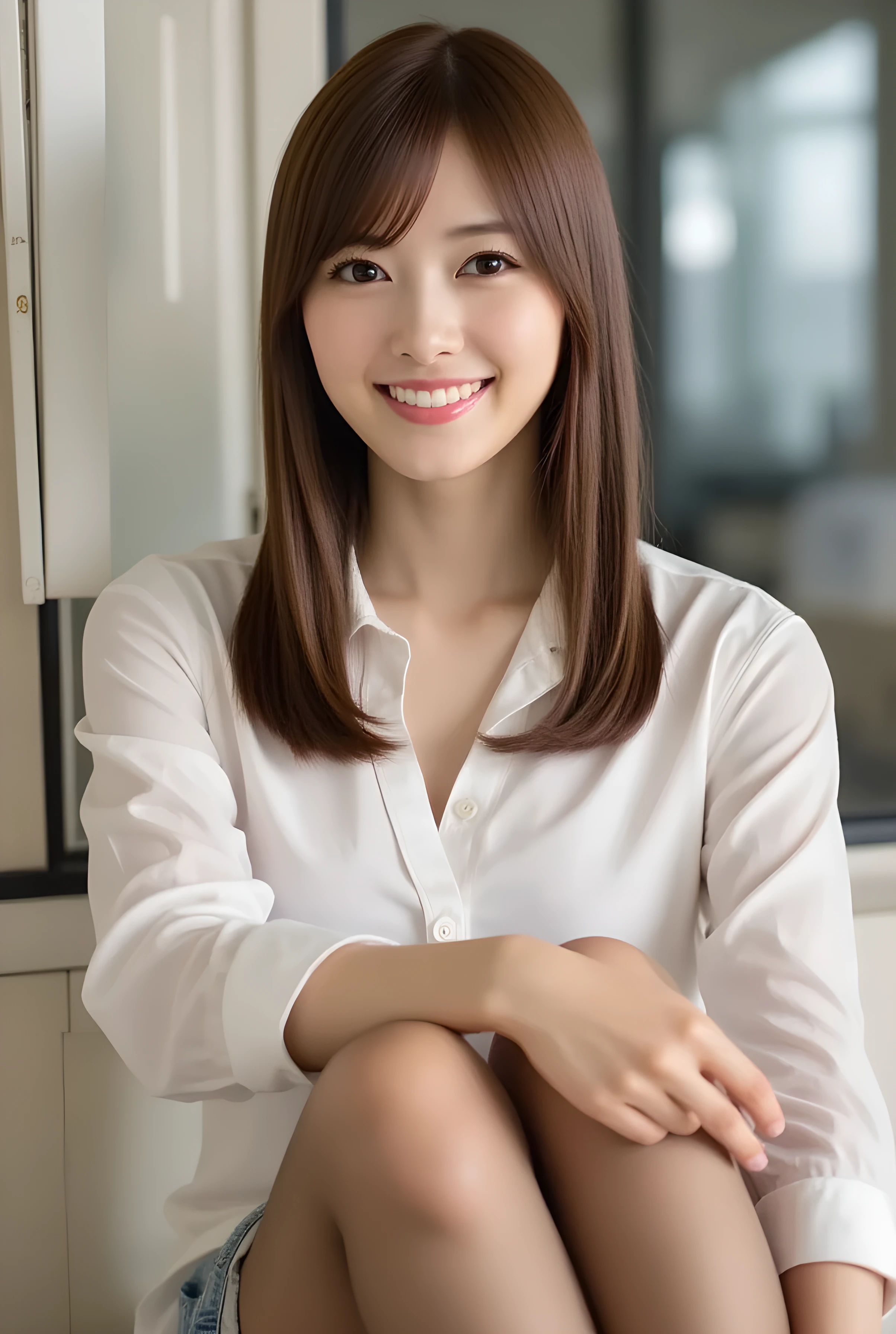       super realistic ,       photorealistic   ,    (Full body image:1.5),  she looks so happy      , shadow,           global illumination          , Alone, (Japanese woman in her 20s :1.5),      so beautiful、     Cute Smiles ,    Slim,    brown hair ，　beautiful legs ， Long, slender legs ,       Surimi West   ， She's wearing a receptionist   ，wearing a bus guide  ，   turn your body forward、  white hair，full body photo  ，Please take a picture up to the tip of your foot  ，wear brown fishnet stockings on her legs  ，When the light hits stockings, they reflects beautifully.，　Wearing Red High Heels      ，