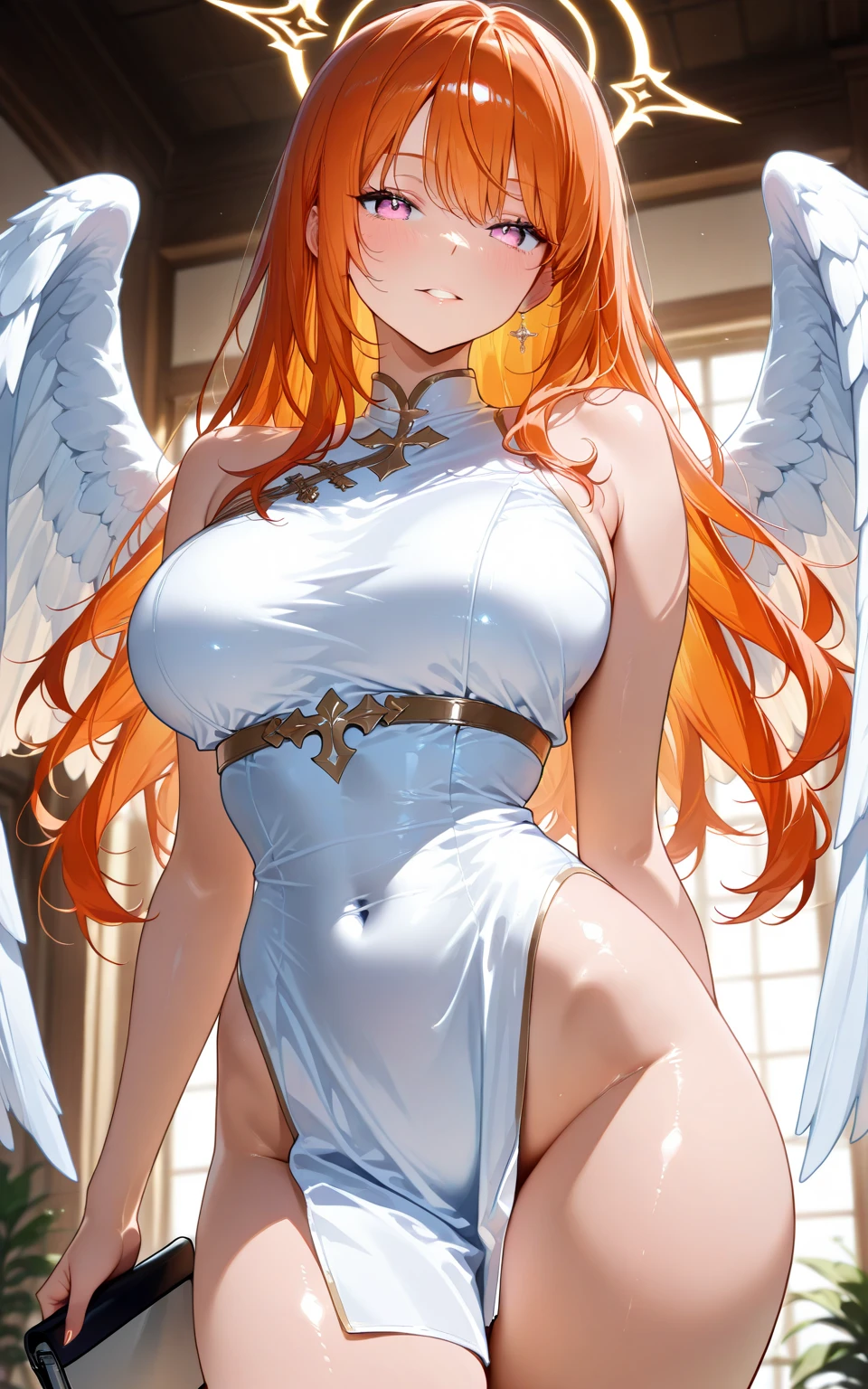 Golden-winged angel wearing a negligee(Little Girl:1.5)(Small body) (Orange Hair:1.5)(eyelash:1.2) (Mid-length hair:1.4), (Blue eyes)(Big Breasts:1.3)High Contrast