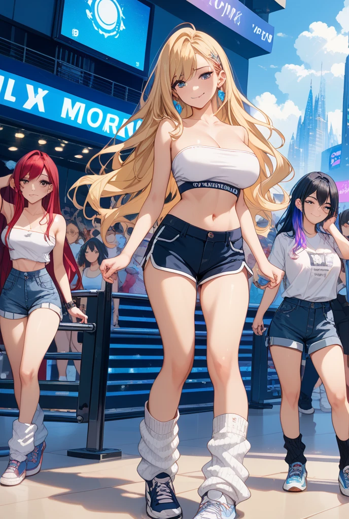 (masterpiece:1.37), best quality, (extremely detailed:1.37), woman, mature, adult, large breasts, very long hair, (straight hair:1.5), blonde hair, blue eyes, (extremely detailed eyes:1.37), crop top, cleavage, navel, jeans, open fly, (groin:1.25), desperation, (wetting: self 3.0), standing, city, futuristic, neon lighting, high-tech, street