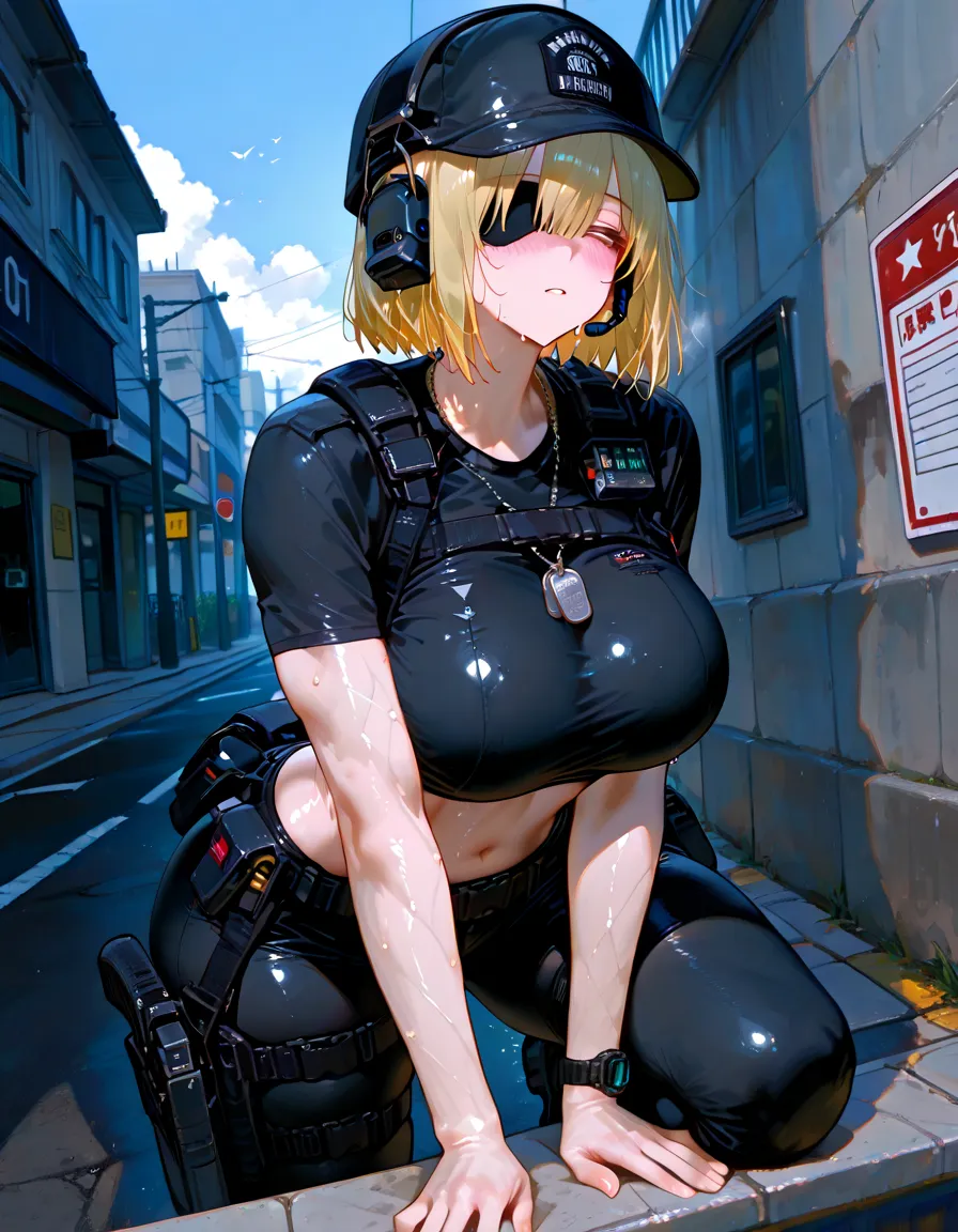 (highest quality,4K,8k,High resolution,masterpiece:1.2),Very detailed,(Actual,Realistically,Realistically:1.37), 超High resolutionの顔, A woman in her fifties wearing a black mask and black top, Wear a mask, 黒いメンポWear a mask, sexy girl, sexy :8, blonde, Earrings, big breasts, big , Biggest Breast, Huge breasts, Fitness Model, Sweat, At the airport、Camel Toe、Giant tit、Nipple Puffs、Cleavage、Plump、Super big breasts、Super big butt、Cowboy Shot