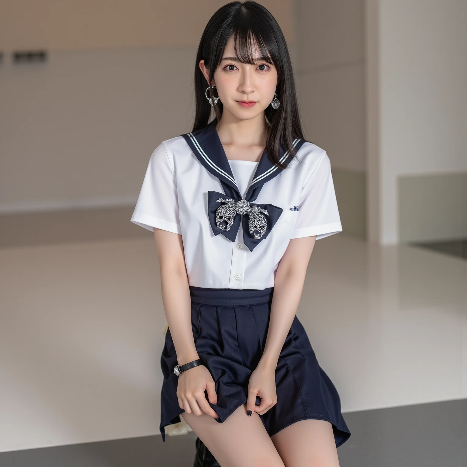 (realistic:1.3), finely detailed, quality, rembrandt lighting, (masterpiece:1.2), (photorealistic:1.2), (best quality), (detailed skin:1.3), (intricate details), dramatic, ray tracing, 1girl, chi1, 21 years old, detailed skin texture, (blush:0.5), (goosebumps:0.5), subsurface scattering, smiling, happy, medium breasts, long hair, bangs, braid, one side up, solo, pink shirt, puffy short sleeves, white collar, neck ribbon, red ribbon, white skirt, pleated skirt, cowboy shot, (indoors, giant aquarium theme park, fish, sea creatures), <lora:mizuhara_chizuru_v4:0.7>