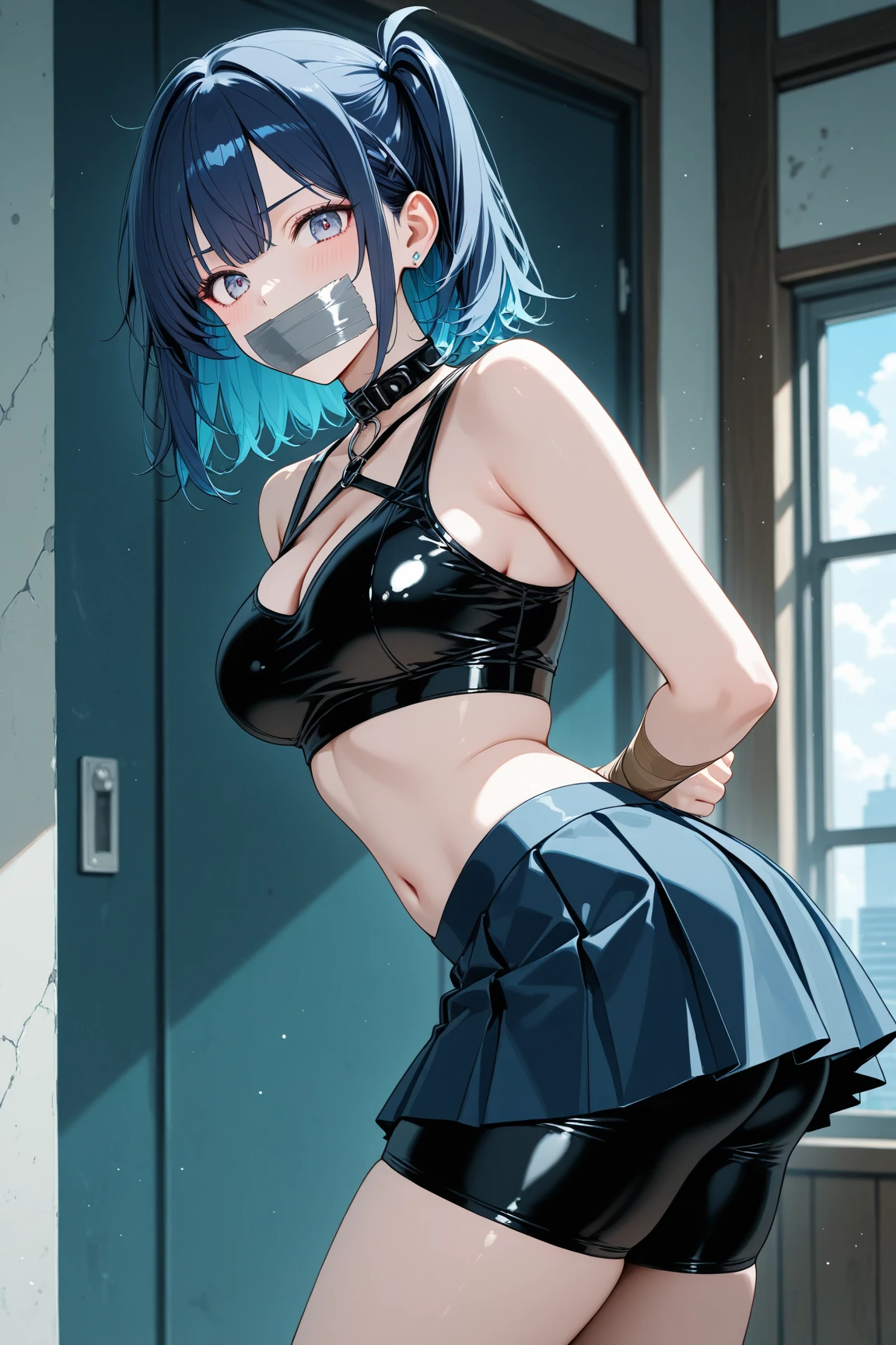 masterpiece,1girl,solo,blue hair,short hair, hair intakes,torn clothes, handcuffs, chains,navel, <lora:ChabayevPrison-000006:0.8> ,ahegao, prison, prison cell, wet,
