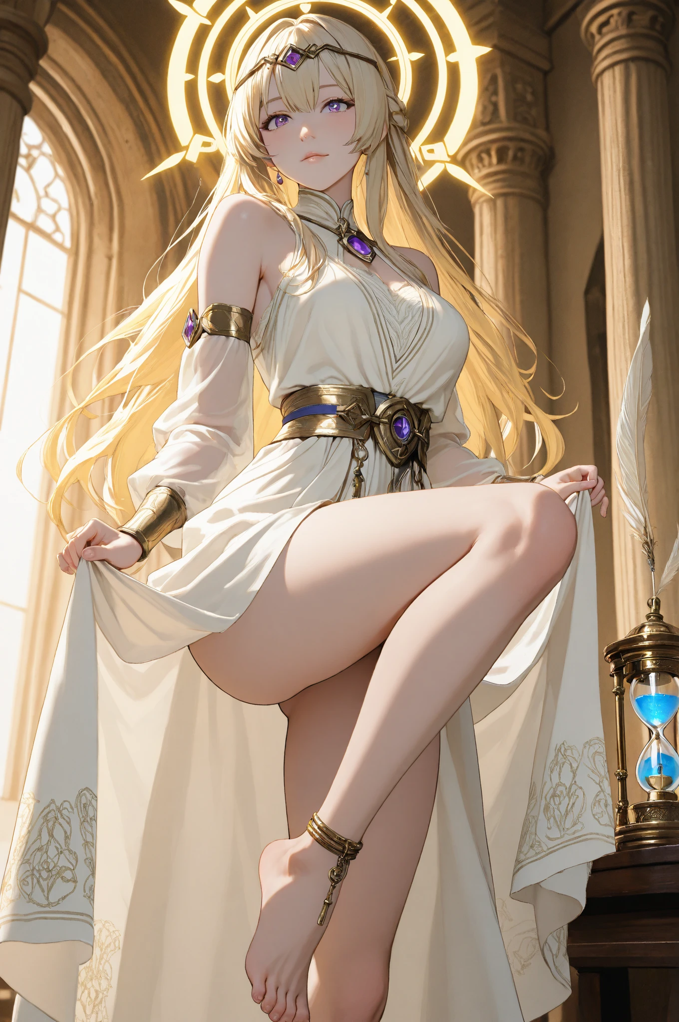 a mature female, goddess, rich clothing, white greek peplos, bare shoulder, large breasts, golden hair, very long hair, green eyes, shining eyes, filrtatious, full body, arms up, thighs, dancing, dream, perfect female figure, masterpiece, best quality, overexpose, 8K resolution