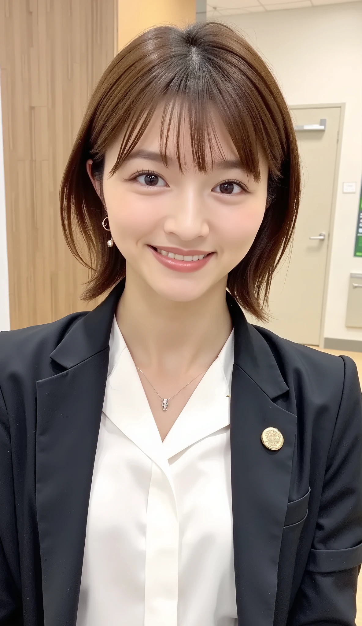 Neat Young Woman、and look at the camera、office lady suit、jacket、shirt、ネックレス、、ear piercing、、無表情、背景はオフィス