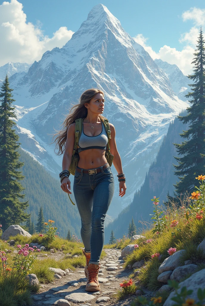 Women, brown hair, normal build, who hikes, tight outfit, mountain view