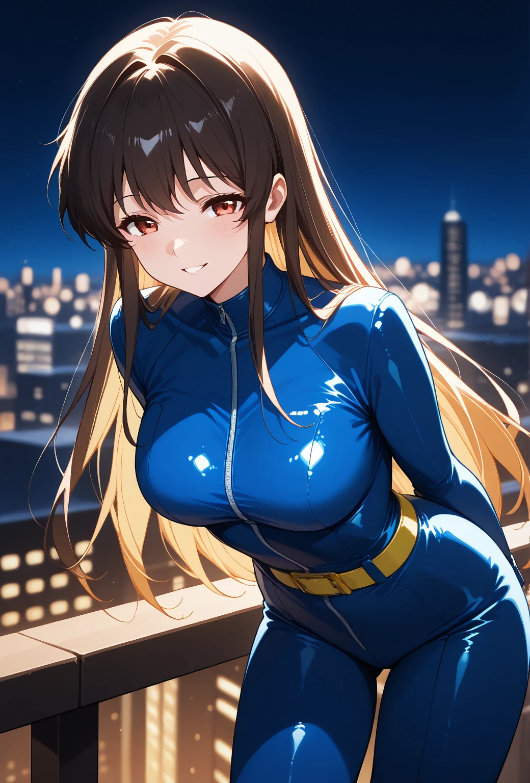 long black hair, colored skin, brown skin, blue eyes, solo, smiling, standing, upper body, hips, gigantic breasts, blue clothes, cleavage