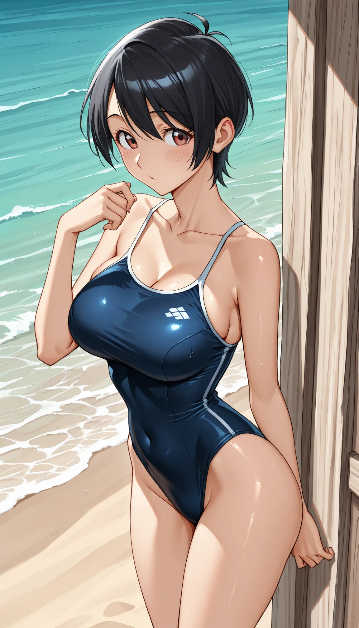 (((masterpiece))),(((High resolution)))、(((perfect face)))、(((Air Groove)))、15 years old, ((swimsuit)),  (Plump), top quality eyes, detailed texture, look at the camera, (big tits), ((high resolution face))
