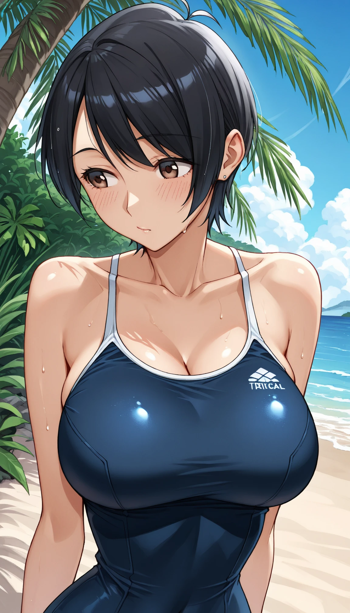 squatting on edge pool, white short shirt, red strip panties, opened shirt jeans, outdoor swimming pool background, momiji, anime cels style, best quality, high resolution, 1girl, (huge breasts:1.2), beautiful face, black hair, long hair, ponytail, brown eyes, cowboy shot, light smile, pov from below